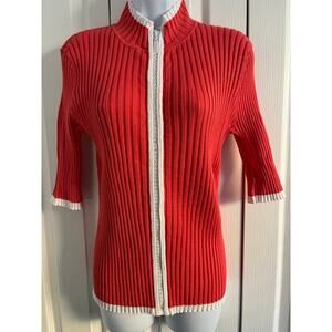 Beldini Ribbed Zip Up Sweater Rhinestone Zipper Coral Red White Trim  XL